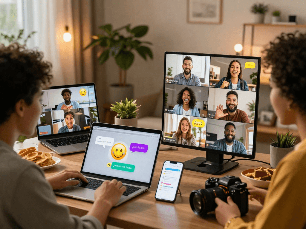 Users enjoying juicy chat interactions in vibrant home setups, showcasing online social engagement.
