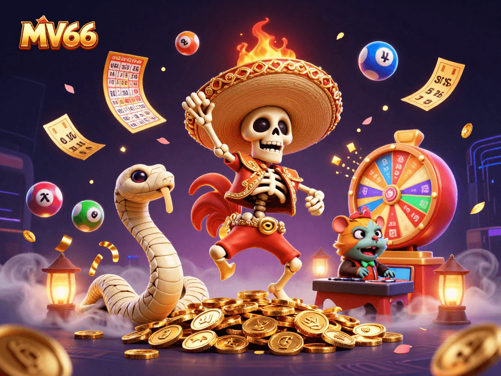 Engage in thrilling gameplay with MV66's dynamic victory dance scene filled with vibrant lottery and casino elements.