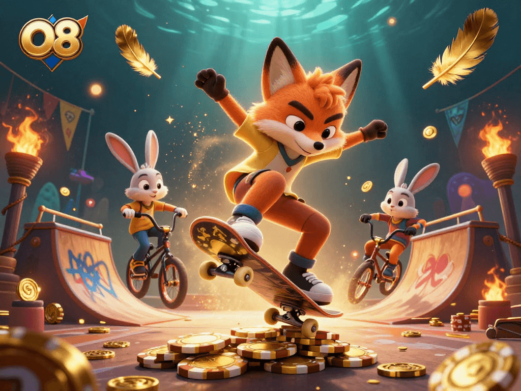 Experience thrilling casino adventures with O8's vibrant illustration featuring a skateboarder fox