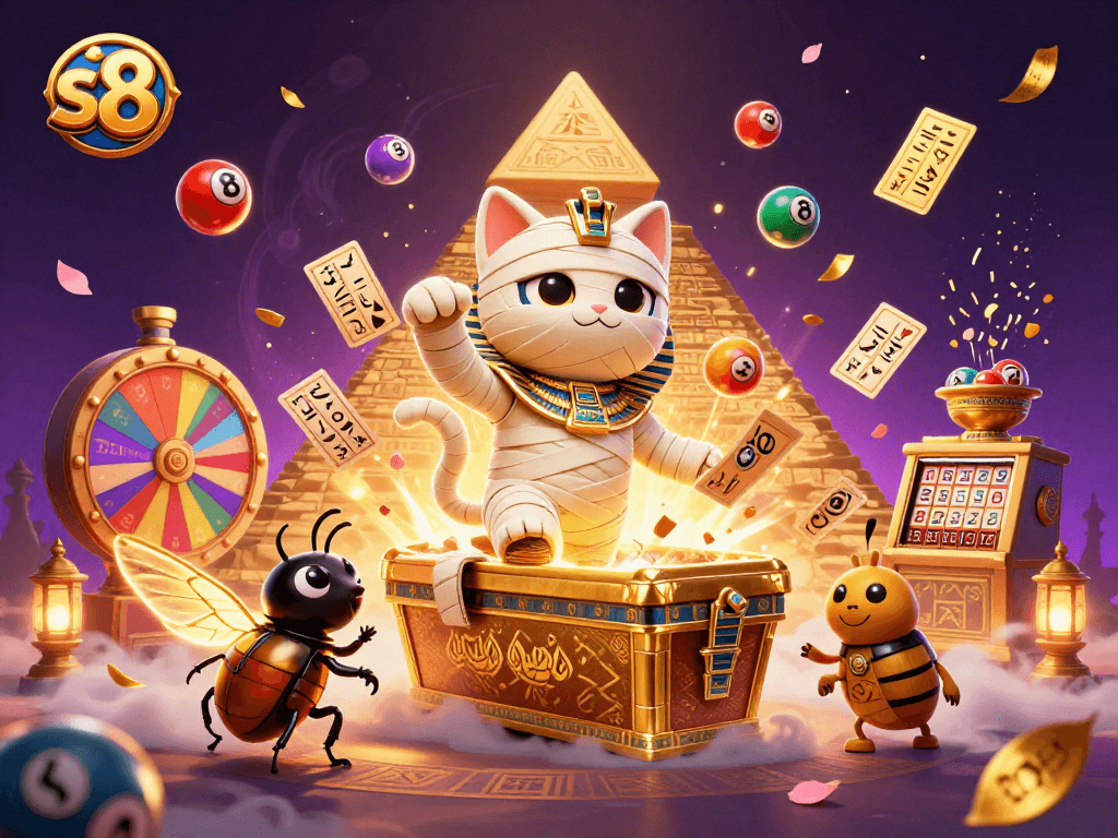 S8 players engage with vibrant colorful games and prizes in a dynamic casino scene.