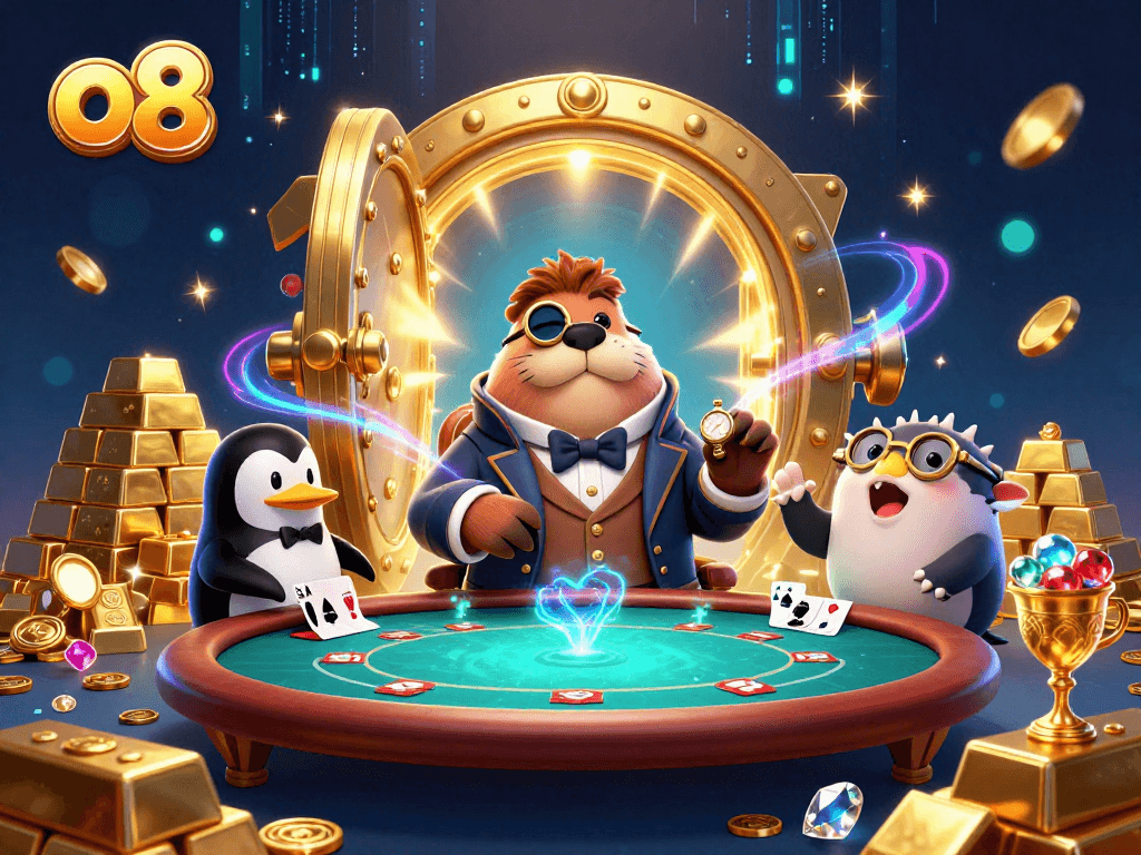 Experience thrilling gameplay at o8 with a jolly walrus in a poker showdown amid dazzling treasures.