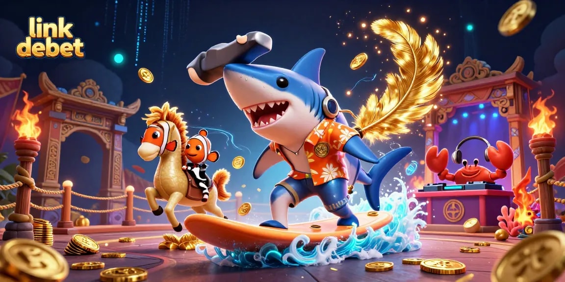 Experience link debet in this vibrant casino illustration featuring dynamic characters and casino elements.