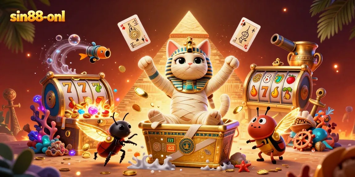 Engage in strategic gameplay with sin88-onl featuring a pyramid casino scene adorned with vibrant elements.