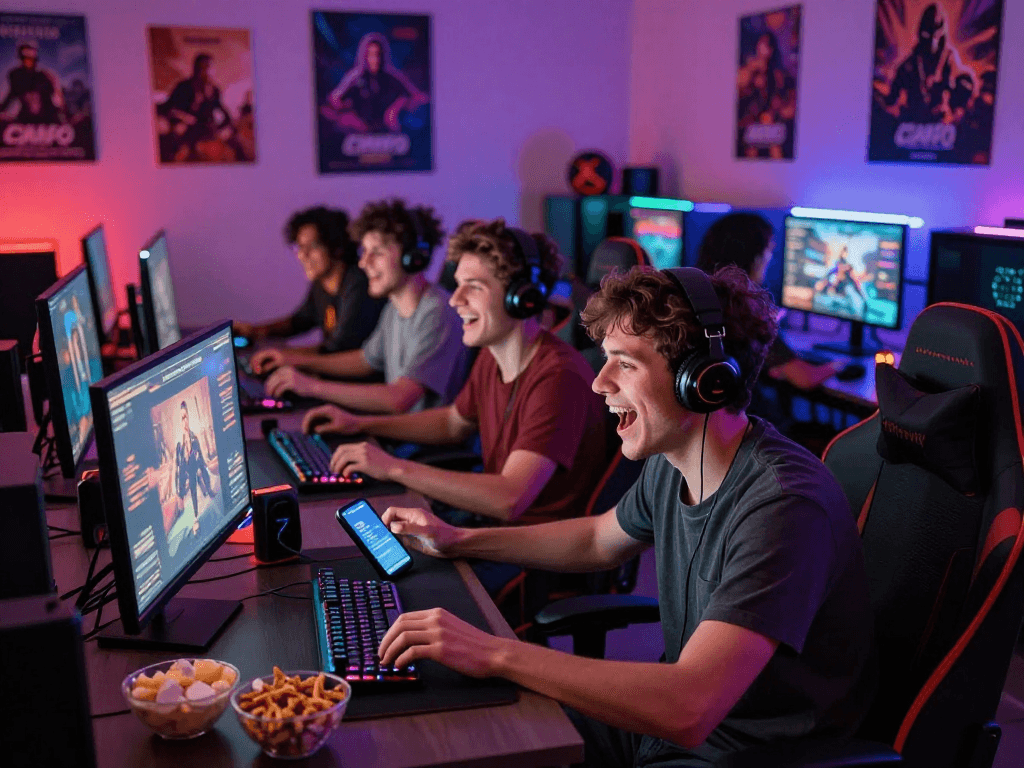 Group of gamers enjoying online porn games in a vibrant gaming lounge atmosphere.