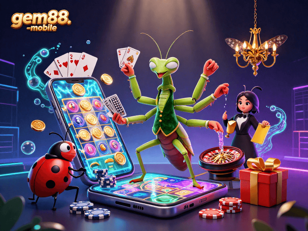 Experience big wins with gem88-mobile as a giant praying mantis deals cards in a lively casino.