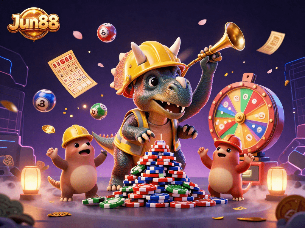 Join the excitement of Jun88 as a triceratops builds a poker chip pyramid with vibrant gaming elements.
