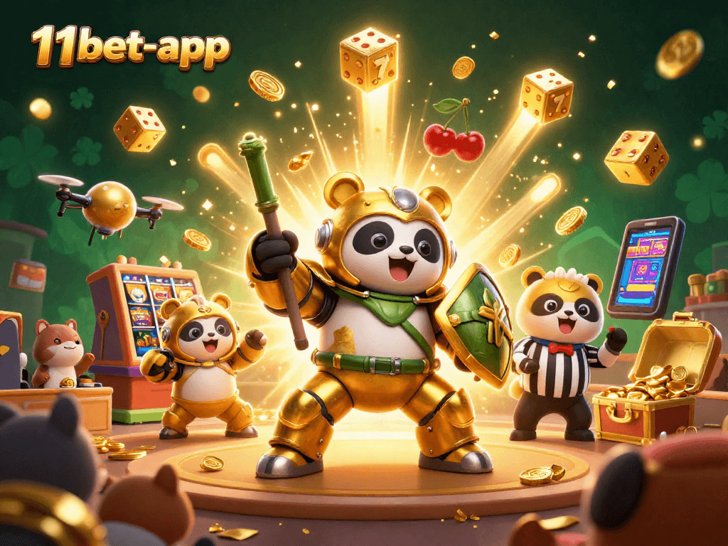 Immerse in casino action with 11bet-app featuring 3D golden panda and vibrant slot machines.