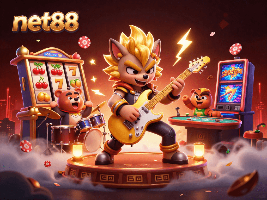 Experience thrilling gameplay at net88 with our 3D casino illustration featuring vibrant characters and slot reels.