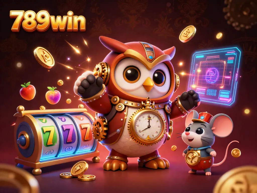 Experience the excitement of 789win with this vibrant 3D steampunk owl and dynamic slot game elements.