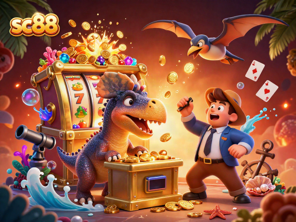 Catch jackpot coins with sc88 as dinosaurs and slot machines collide in a vibrant casino scene.