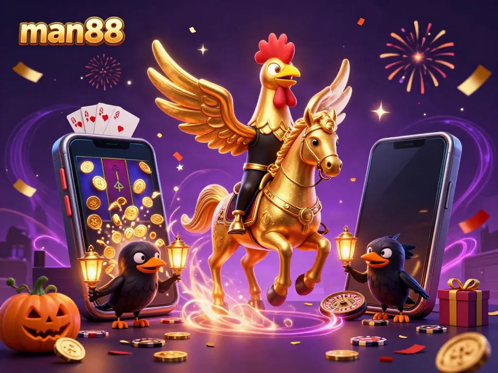 Experience the thrill of man88 with a golden rooster and friends in a vibrant casino scene.