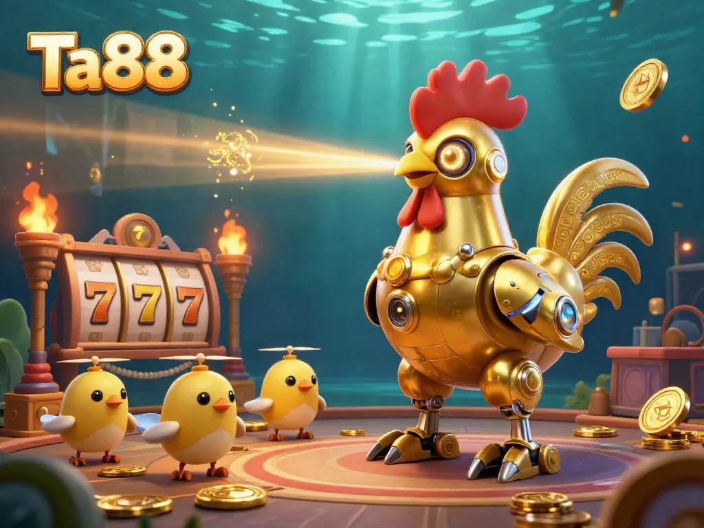 Engage in the electrifying action of Ta88, featuring a dynamic scene with a golden rooster robot and baby chick drones amidst an exciting gaming atmosphere.