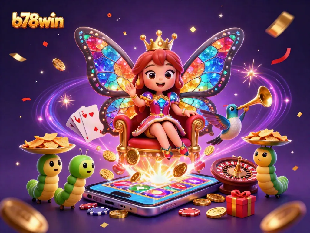 Experience winning at b78win with a vibrant 3D illustration of casino games and colorful characters.
