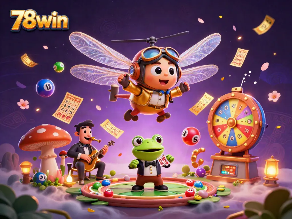 Experience exciting gameplay with 78win as the dragonfly pilot hovers over a lively lily pad casino scene.