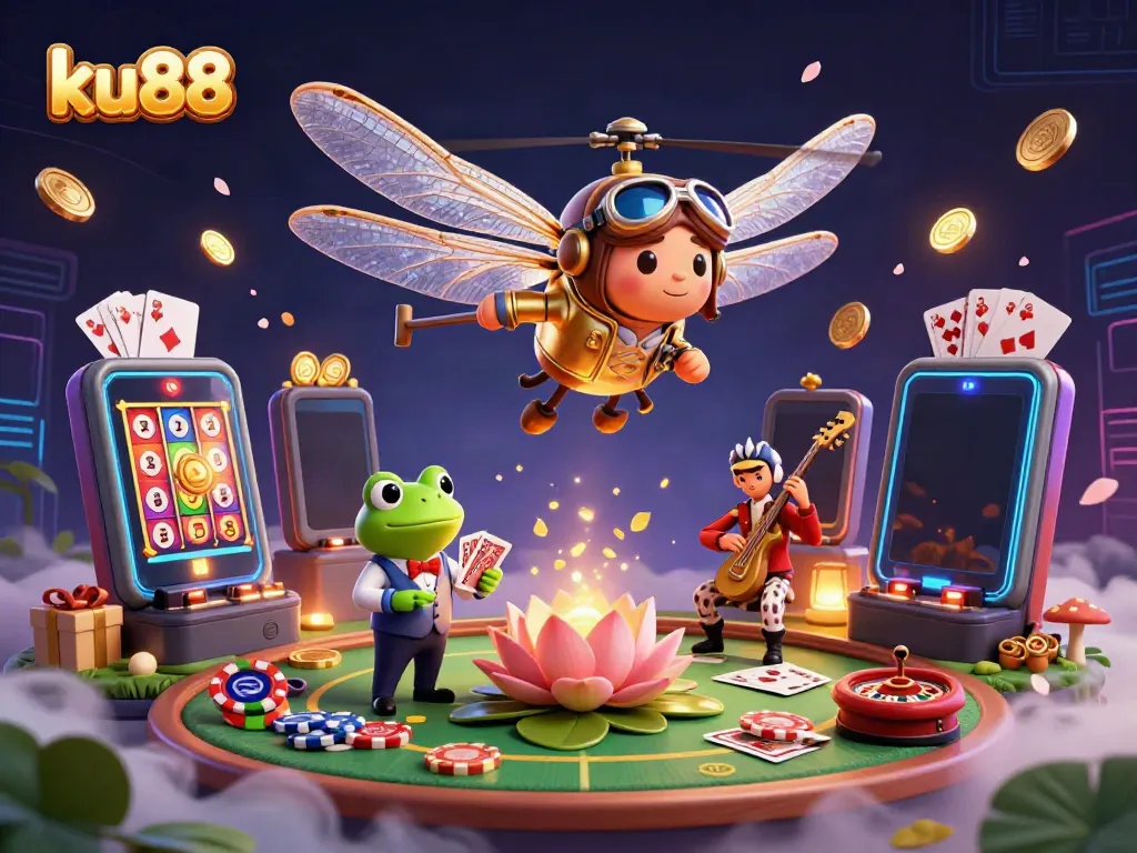 Experience the vibrant action of ku88 with a dragonfly pilot and frog croupier amidst an exquisite casino scene.