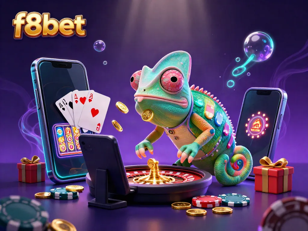 Experience thrilling wins with f8bet's colorful casino scene featuring games and a playful chameleon.
