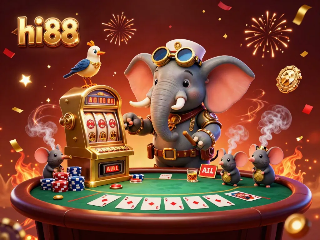 Spin and win at hi 88's vibrant casino, featuring a steampunk elephant and poker elements.