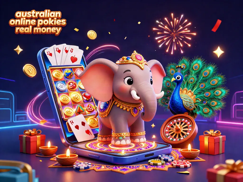 Engage with australian online pokies real money through vibrant 3D casino-themed illustration depicting festive elements and gaming symbols.