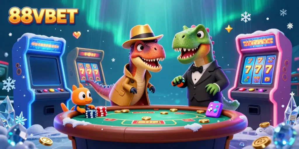 Experience the thrill of gaming at 88VBET with a velociraptor card counter, vibrant slot machines, and a colorful casino scene.
