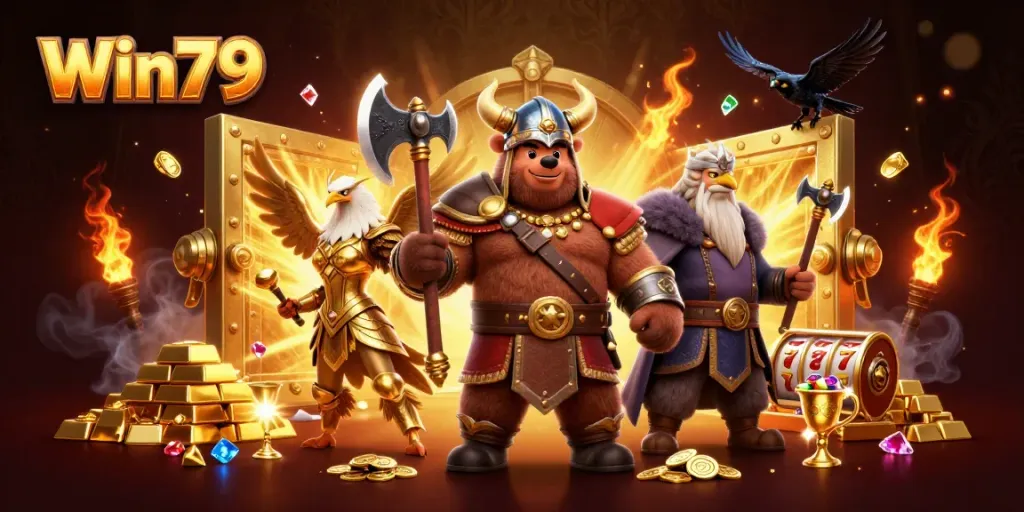 Win79's Viking berserker bear and Valkyrie eagle in a dynamic casino scene with golden treasures.