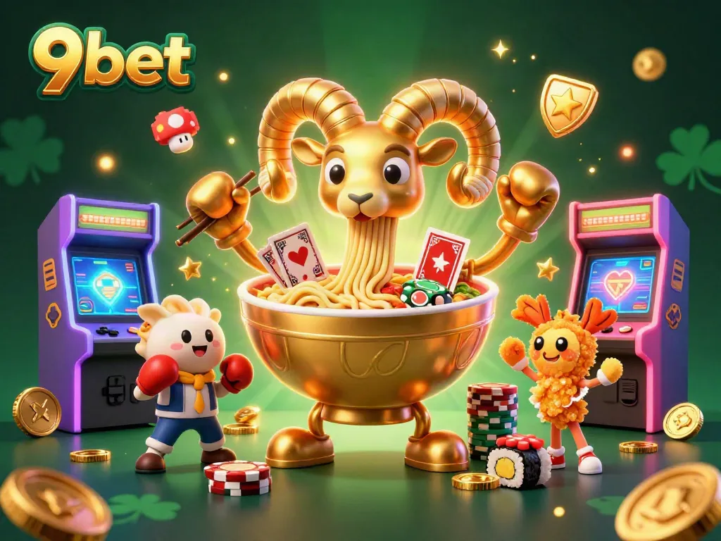 Experience thrilling moments at 9bet with a festive 3D illustration of fun characters playing games.