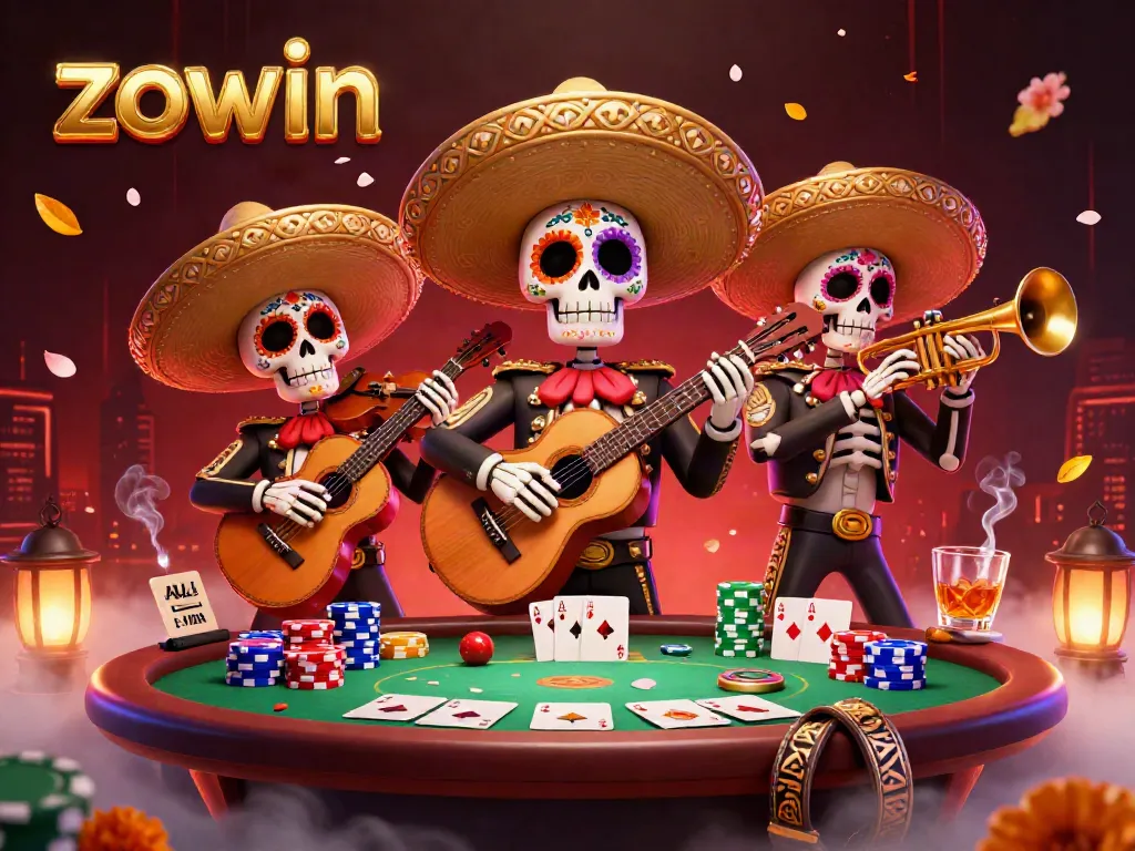 Engage with the vibrant world of zowin as vibrant skeleton mariachi musicians bring thrilling poker action to life.