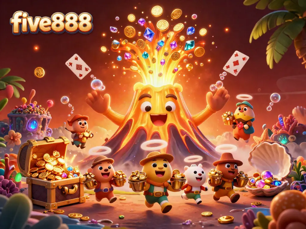 Experience thrilling wins at five888 with a vibrant 3D scene of treasure, luck, and excitement.