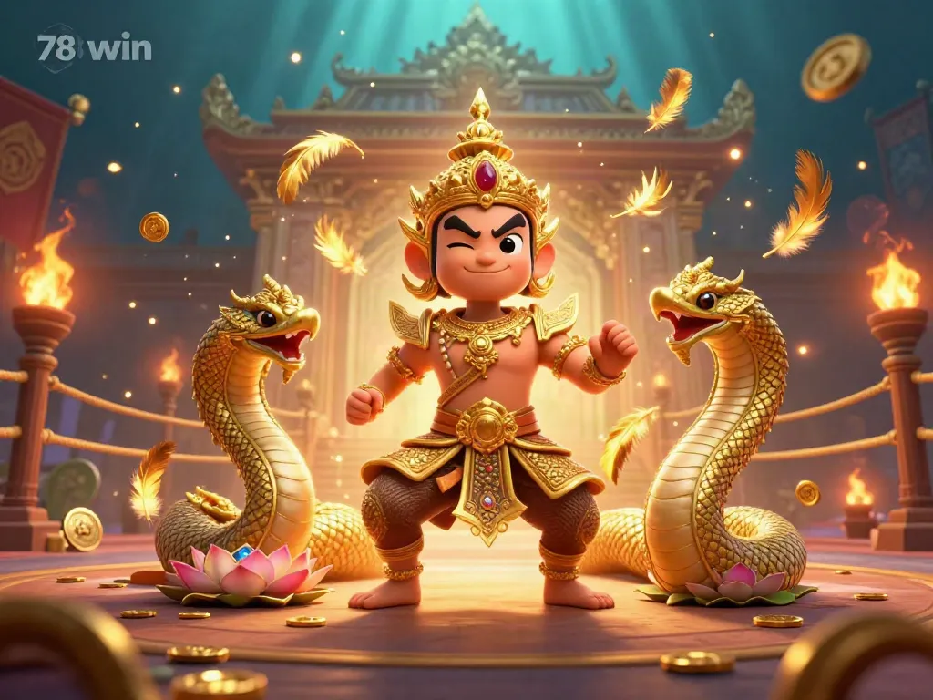 Engage with 78win’s thrilling underwater casino adventure featuring a golden yaksha and Naga serpents.