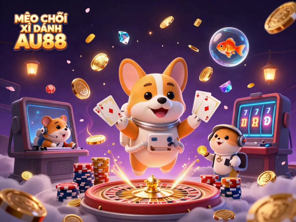 Engaging 3D scene illustrating MẸO CHƠI XÌ DÁNH AU88 with a corgi in a casino, surrounded by poker chips and coins.