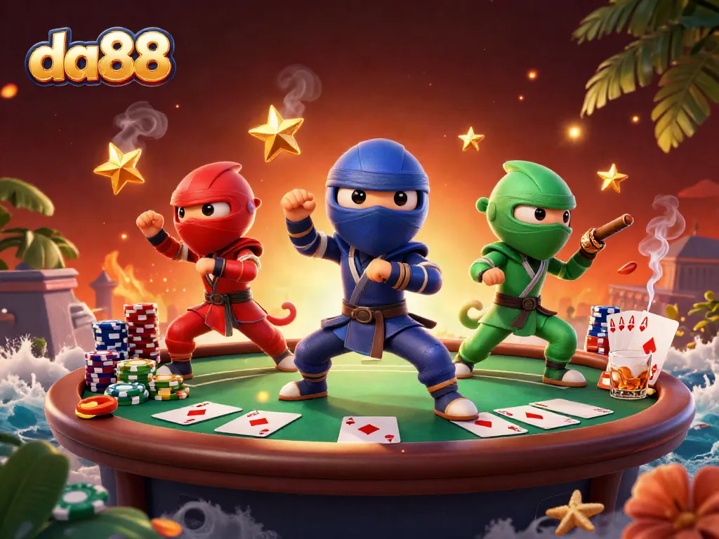Engage with da88's dynamic poker scene featuring chameleon ninjas amidst vibrant gambling elements.