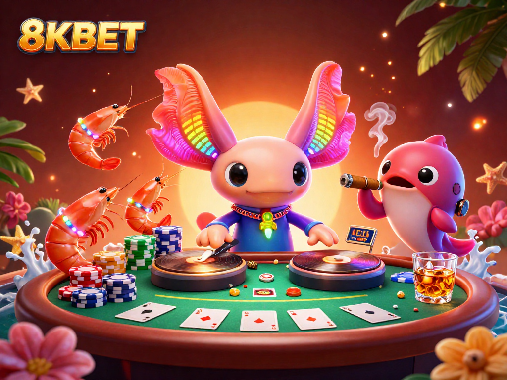 Celebrate the thrill of poker at 8KBET with vibrant axolotl DJ and lively ocean creatures.