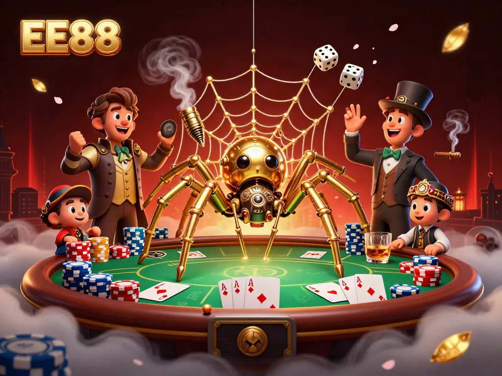 Experience thrilling moments at EE88 with a steampunk spider and poker elements