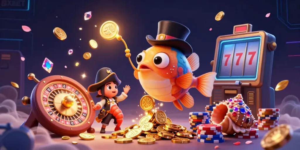 Engage at 8XBET with a vibrant 3D scene showcasing an anglerfish, shrimp, and sea snail amid golden coins and casino elements.