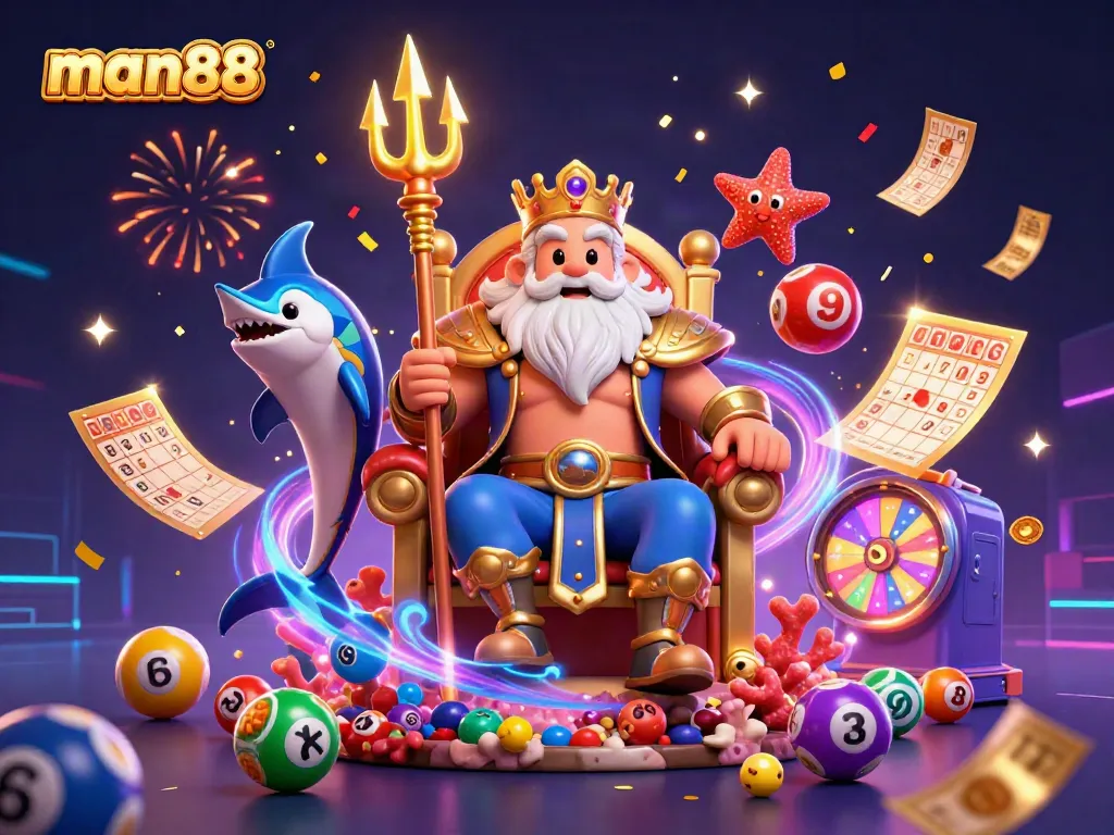 Engage in thrilling gaming with man88 featuring Neptune, lottery balls, and festive elements.