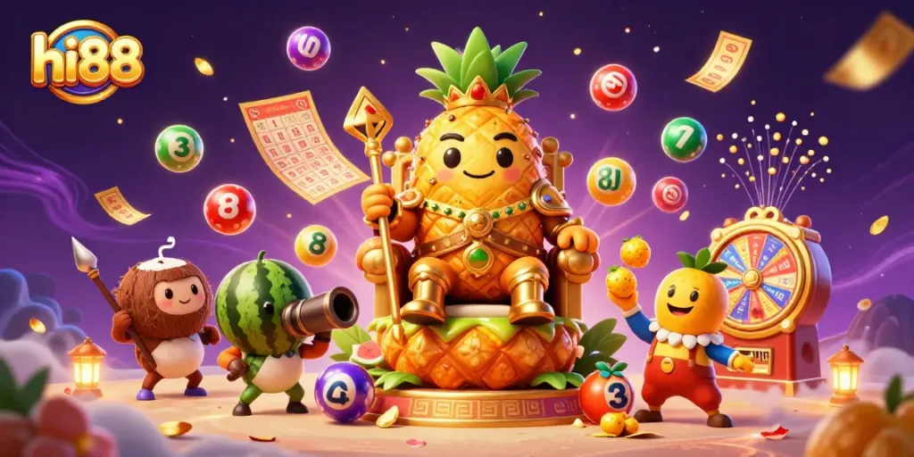 Experience excitement and winnings with hi88 as a golden pineapple king rules the casino beach.