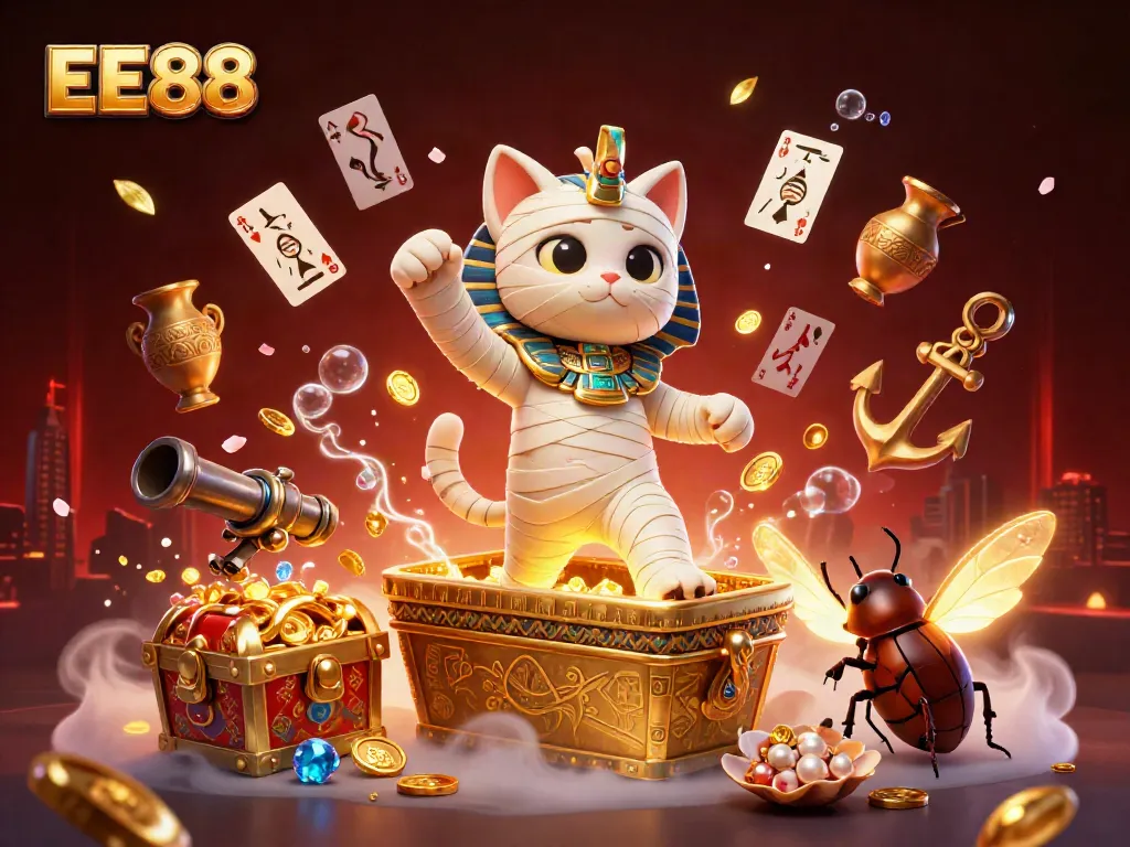 Experience EE88's exhilarating pyramid casino with a mummy and scarab, captivating gameplay, and vibrant treasures.