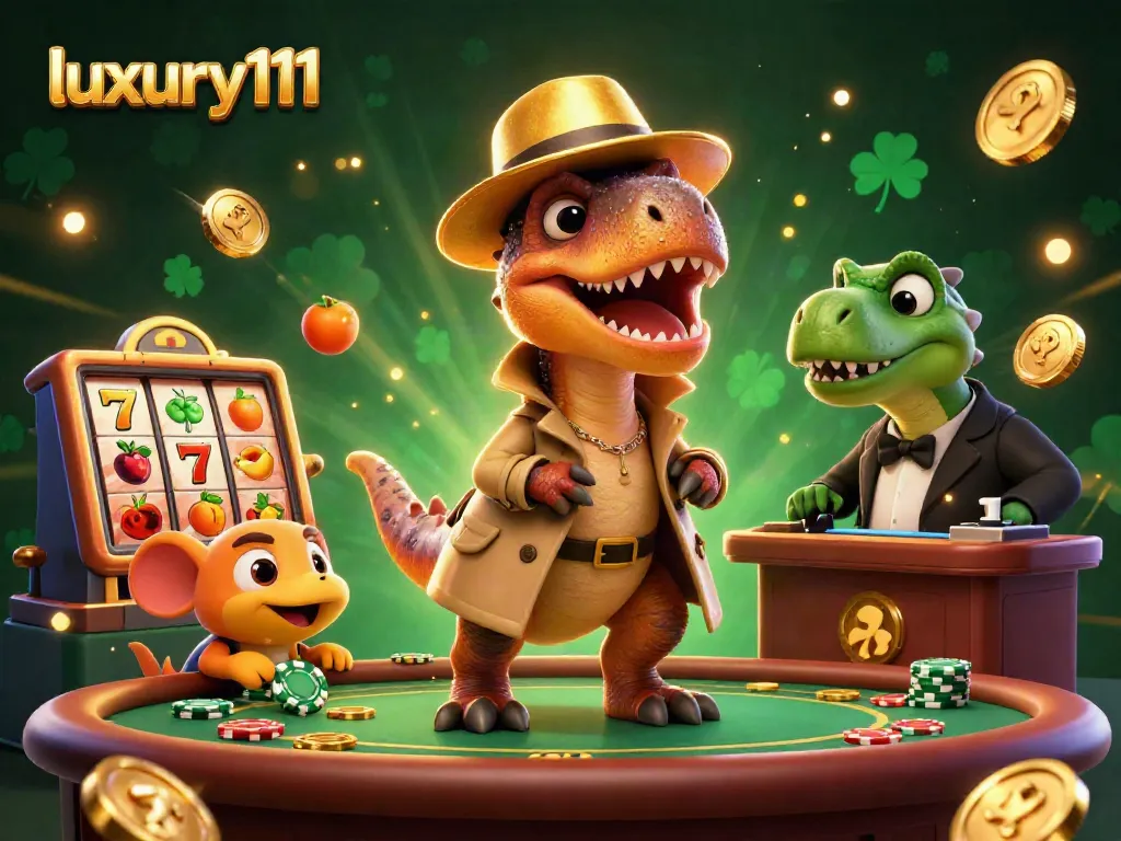 luxury111 slots scene featuring a velociraptor card counter and a stegosaurus pit boss in a vibrant casino environment