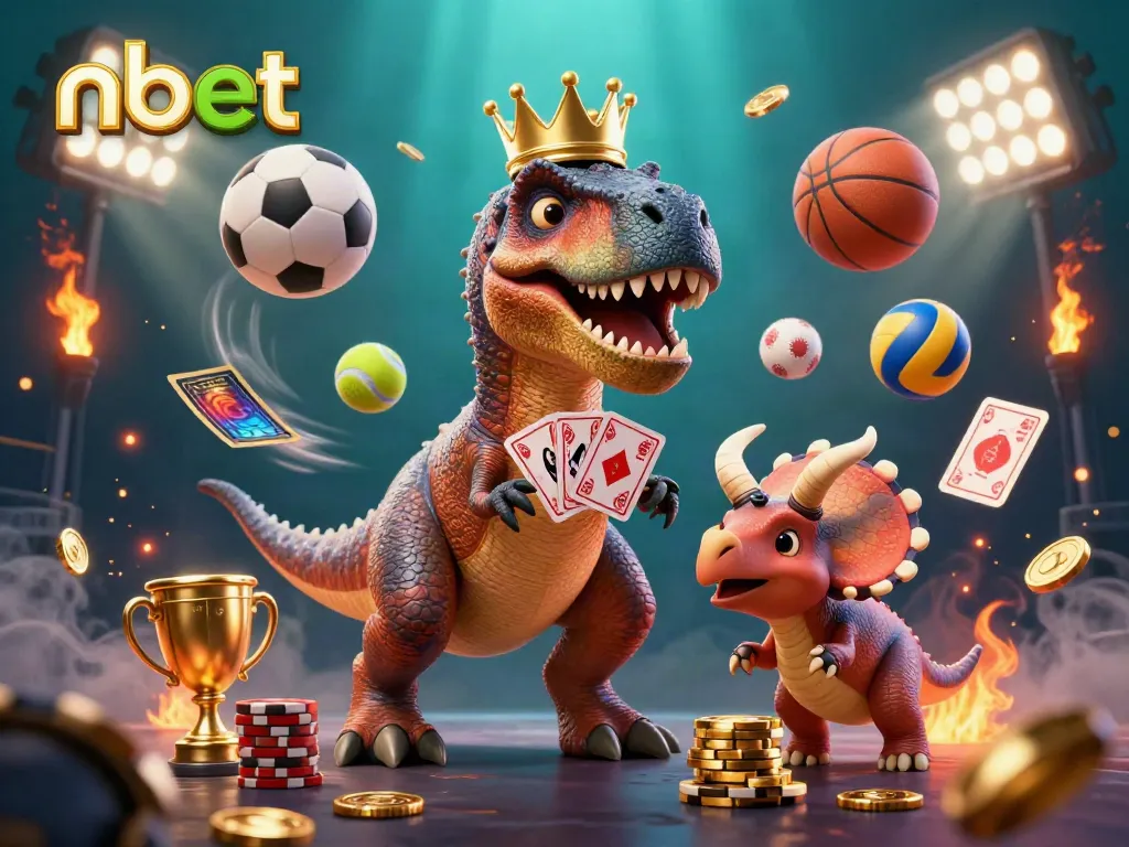Engaging nbet scene with a T-Rex shuffling cards while a baby triceratops stacks chips, showcasing dynamic sports elements.