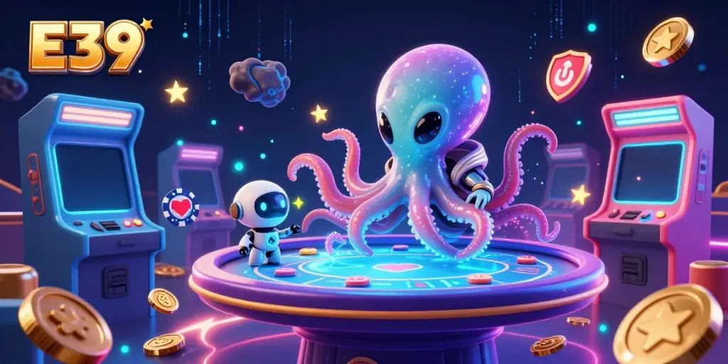 E39 showcases a thrilling poker experience with a vibrant octopus and robot in a dynamic casino landscape.