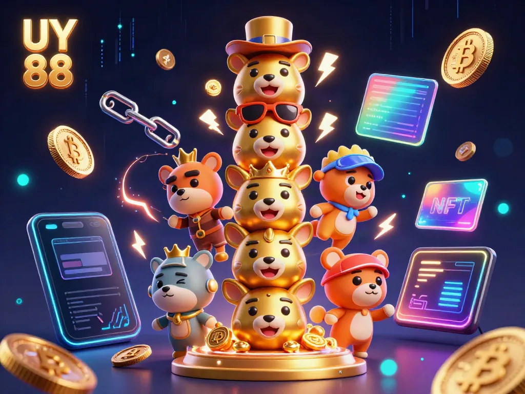 Spin the reels with UY 88 surrounded by vibrant casino elements and crypto coins.
