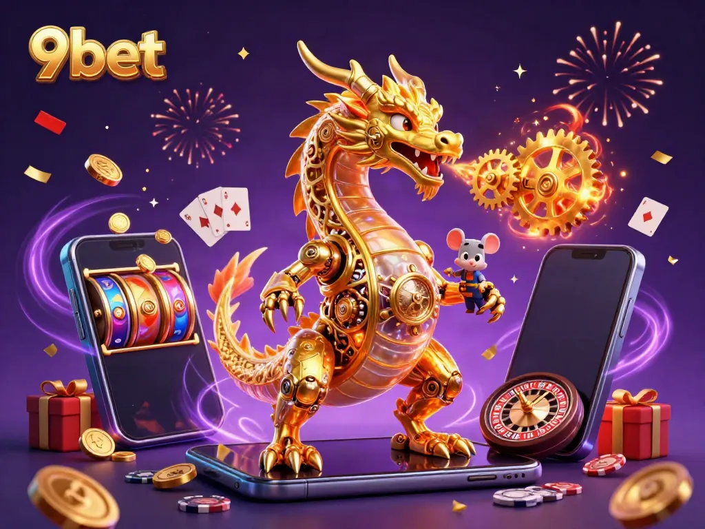 Experience thrilling gaming with 9bet's dynamic golden dragon and exciting casino elements in this vibrant illustration.