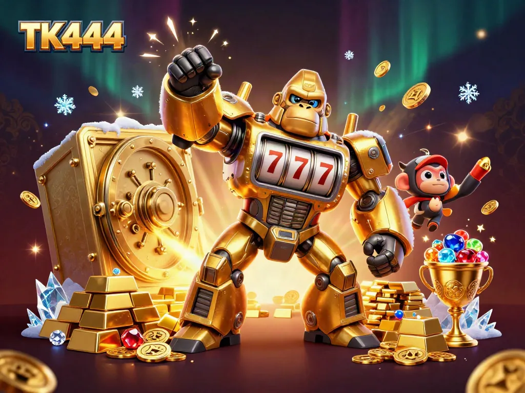 TK444's golden gorilla mech striking a jackpot with coins exploding, a stunning casino scene.
