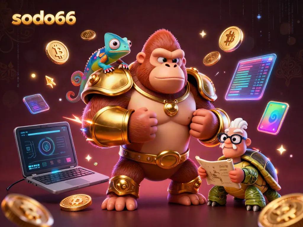 SODO66 showcases a vibrant scene with a powerful gorilla and enchanting chameleon, immersed in a captivating gambling universe.