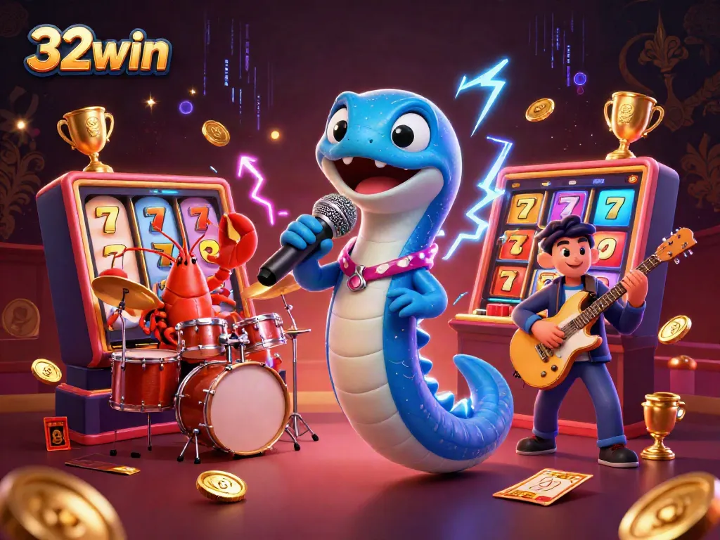 Experience high-energy gameplay with 32win's dynamic 3D casino scene featuring vibrant characters.