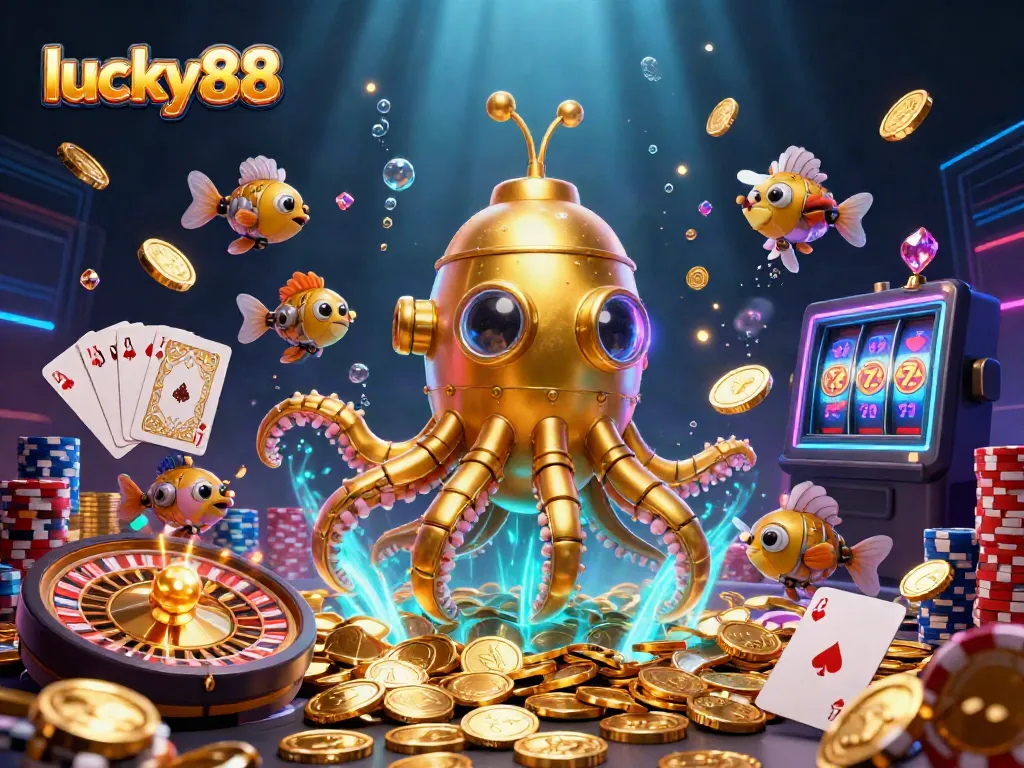 Experience the excitement of lucky88 with a vibrant 3D scene of a mythical kraken and casino elements.