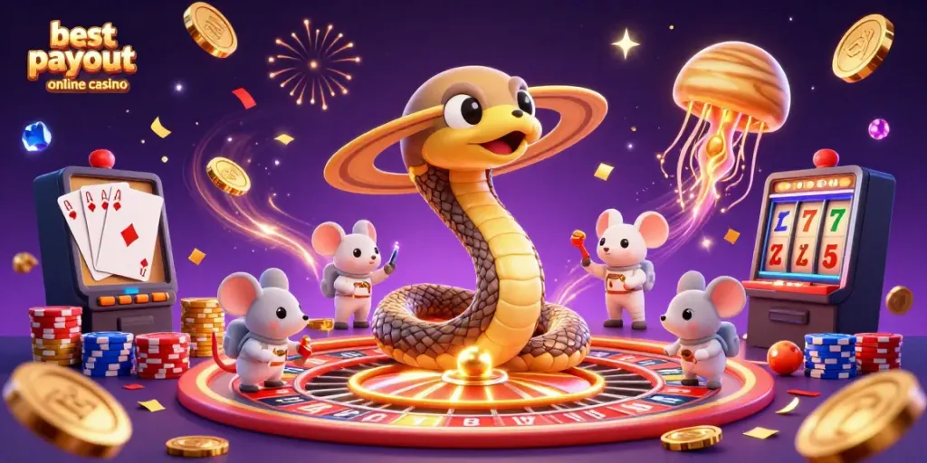 Celebrate wins at the best payout online casino with this vibrant 3D cosmic illustration featuring unique characters and rich gaming elements.