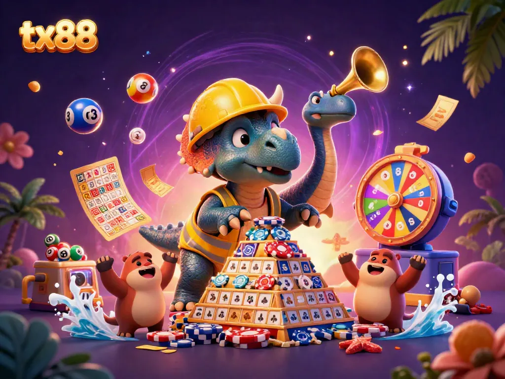 Cheerful characters celebrate as tx88 brings excitement to casino gaming with colorful elements.