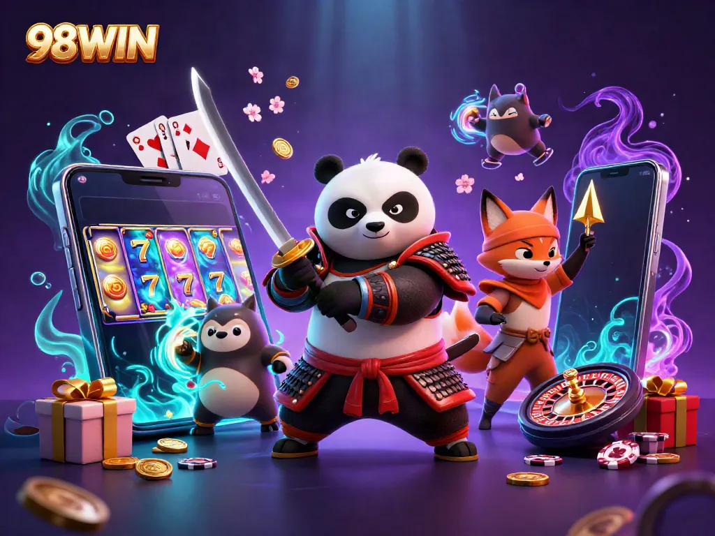 Play colorful slot games and experience the excitement of 98WIN with engaging characters.