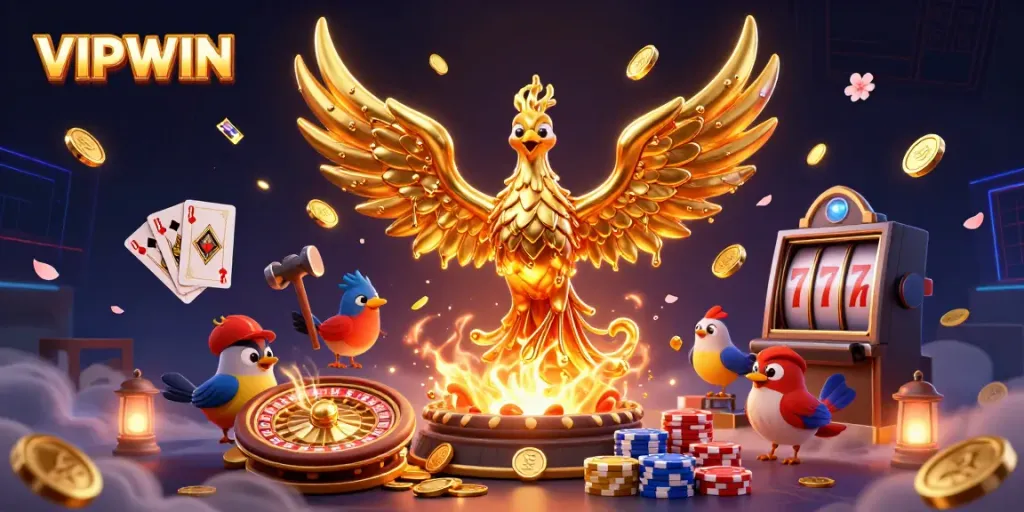 Engage with VIPWIN's captivating gaming world featuring golden phoenix, coins, and exciting casino elements.