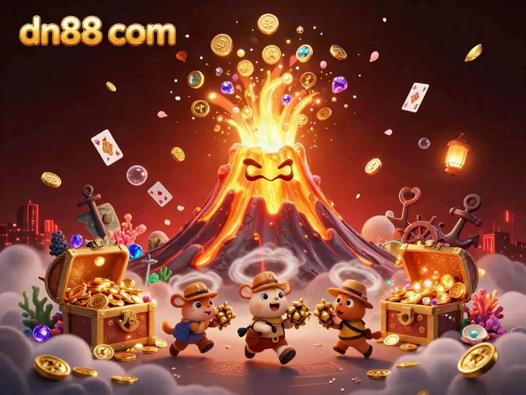 Witness the thrilling eruption of treasure and excitement at dn88 com, featuring a golden volcano and treasure-filled adventures.
